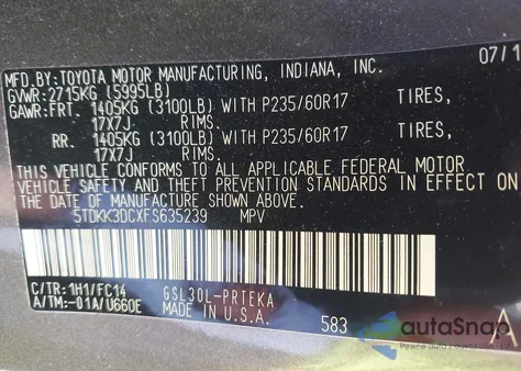 2015 Toyota Sienna Le 8 Passenger из США, поврежденный, VIN 5TDKK3DCXFS635239